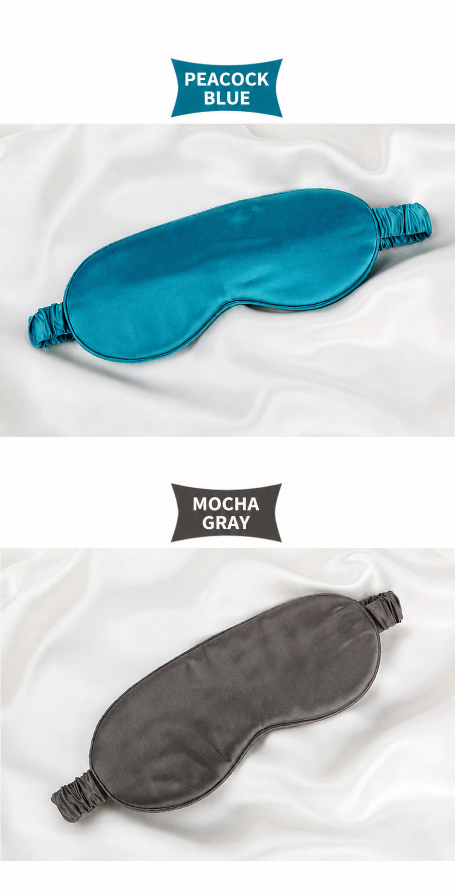 Peacock Blue and Mocha Gray classic silk sleep mask color options