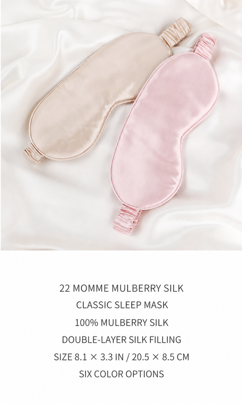 Champagne and lotus pink 22 momme mulberry silk classic sleep masks with material and size details