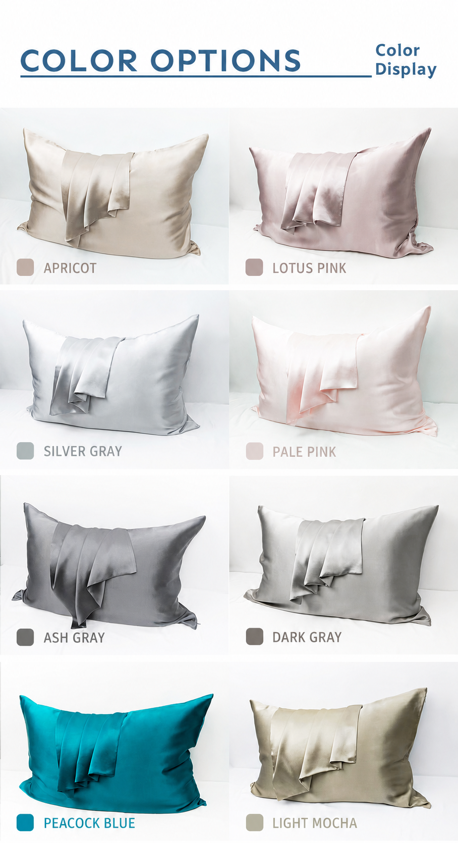 Silk pillowcase colors Apricot Lotus Pink Silver Gray Pale Pink Ash Gray Dark Gray Peacock Blue and Light Mocha