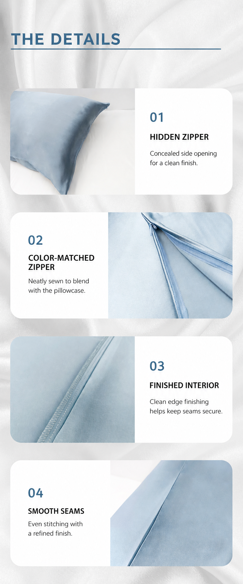 Hidden zipper color-matched closure finished interior and smooth seam details