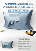 Light blue 22 momme mulberry silk zippered pillowcase with product details and U.S. sizes