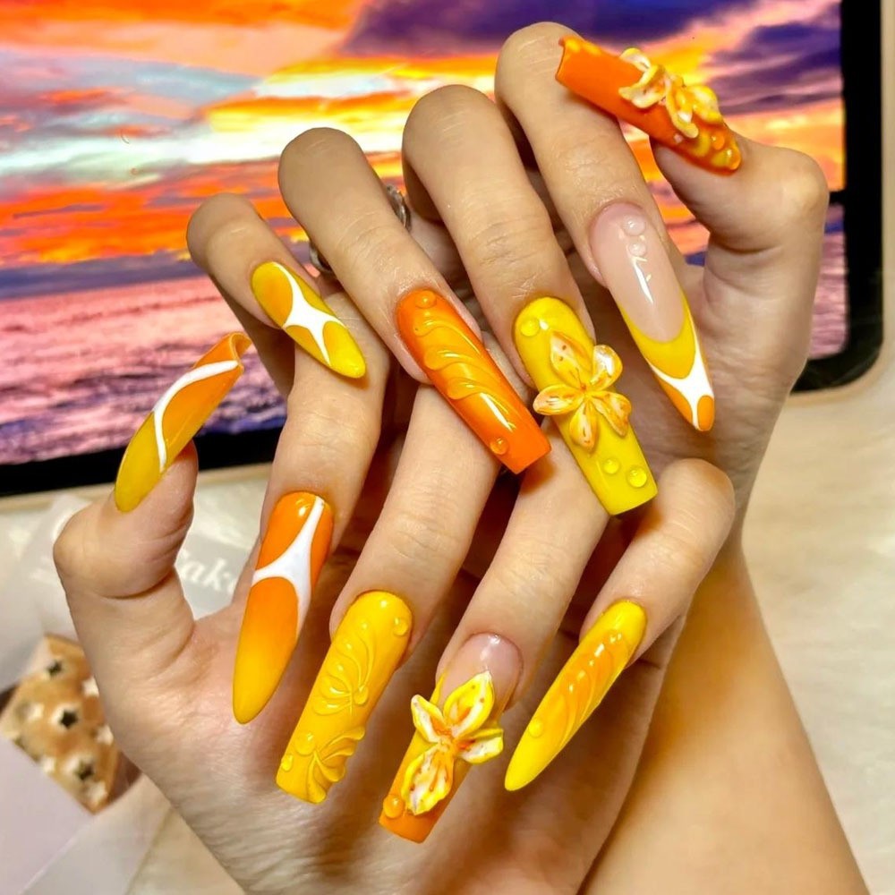Tangerine & Yellow Flowers press-on nail design, style Y254