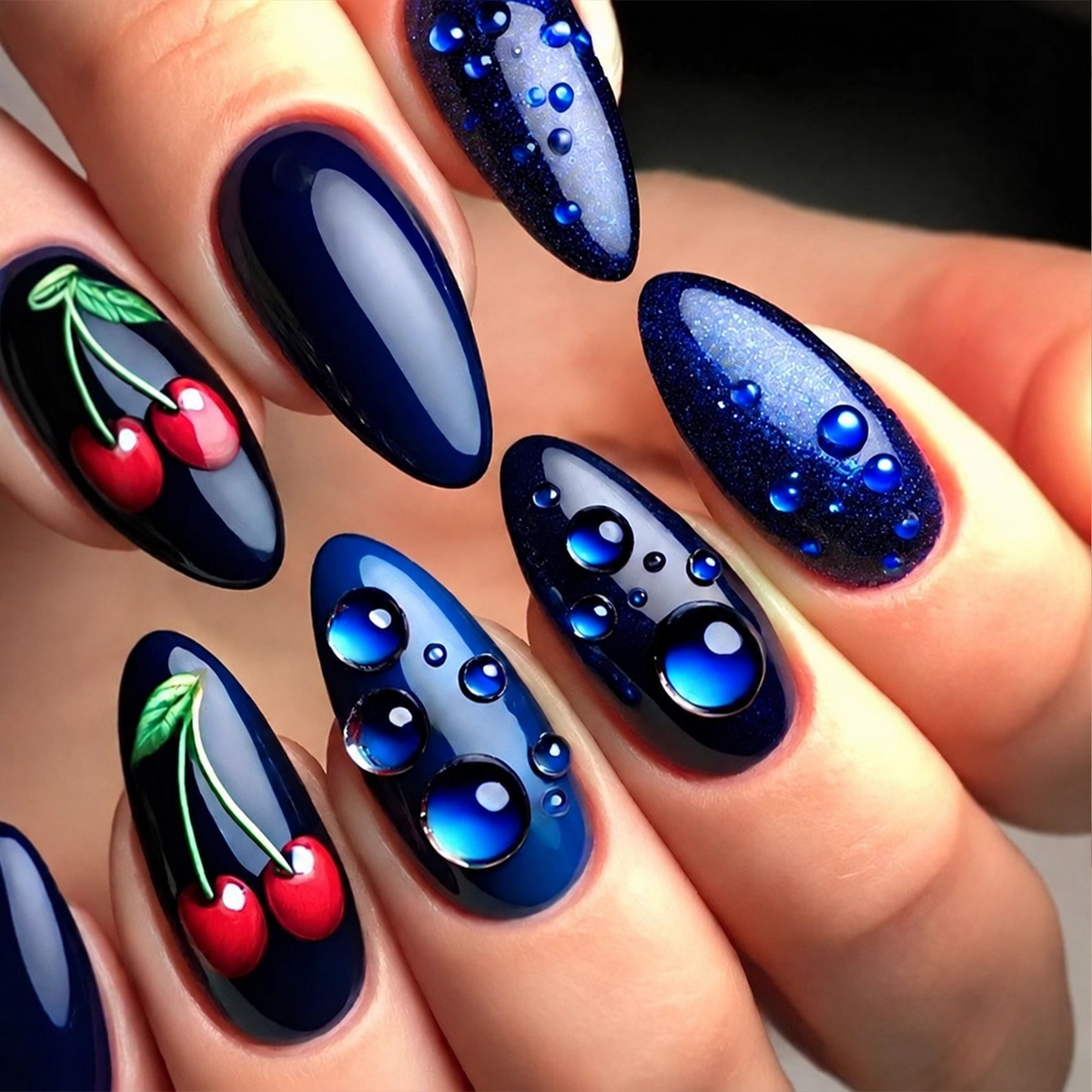 Midnight Cherry & Blue Droplets press-on nail design, style Y404