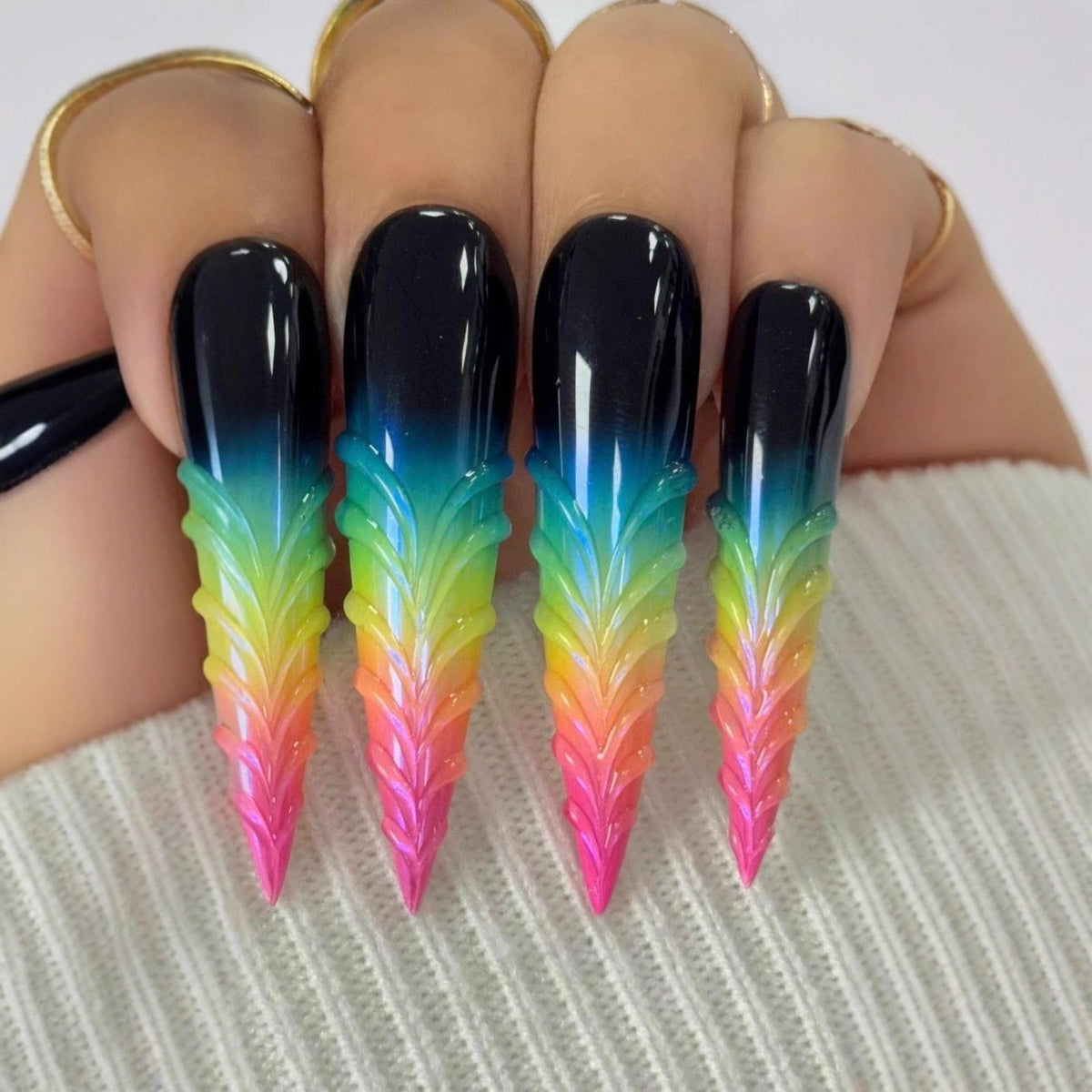 Rainbow Sculpted Stiletto press-on nail design, style Y569