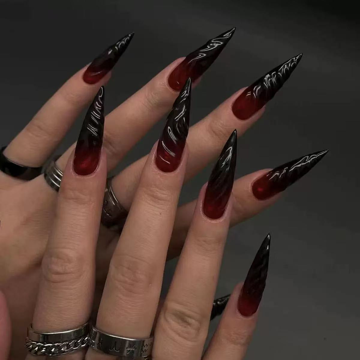 Burgundy Black Sculpted Stiletto press-on nail design, style Y628