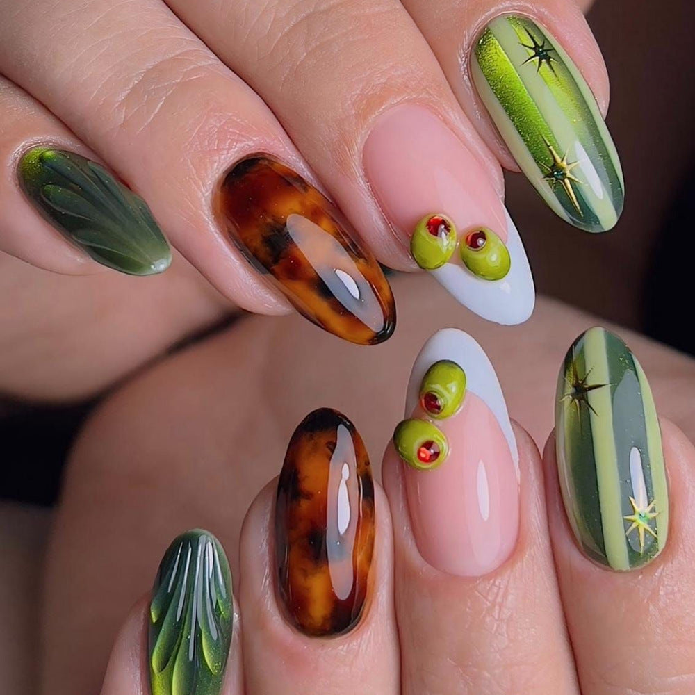 Olive Green & Tortoiseshell-Look press-on nail design, style Y767