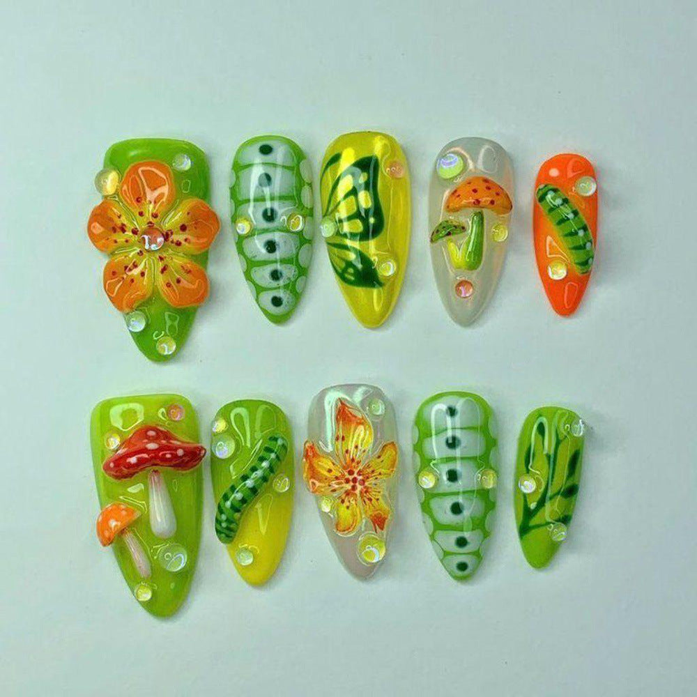Lime Garden & Mushrooms press-on nail design, style Y777
