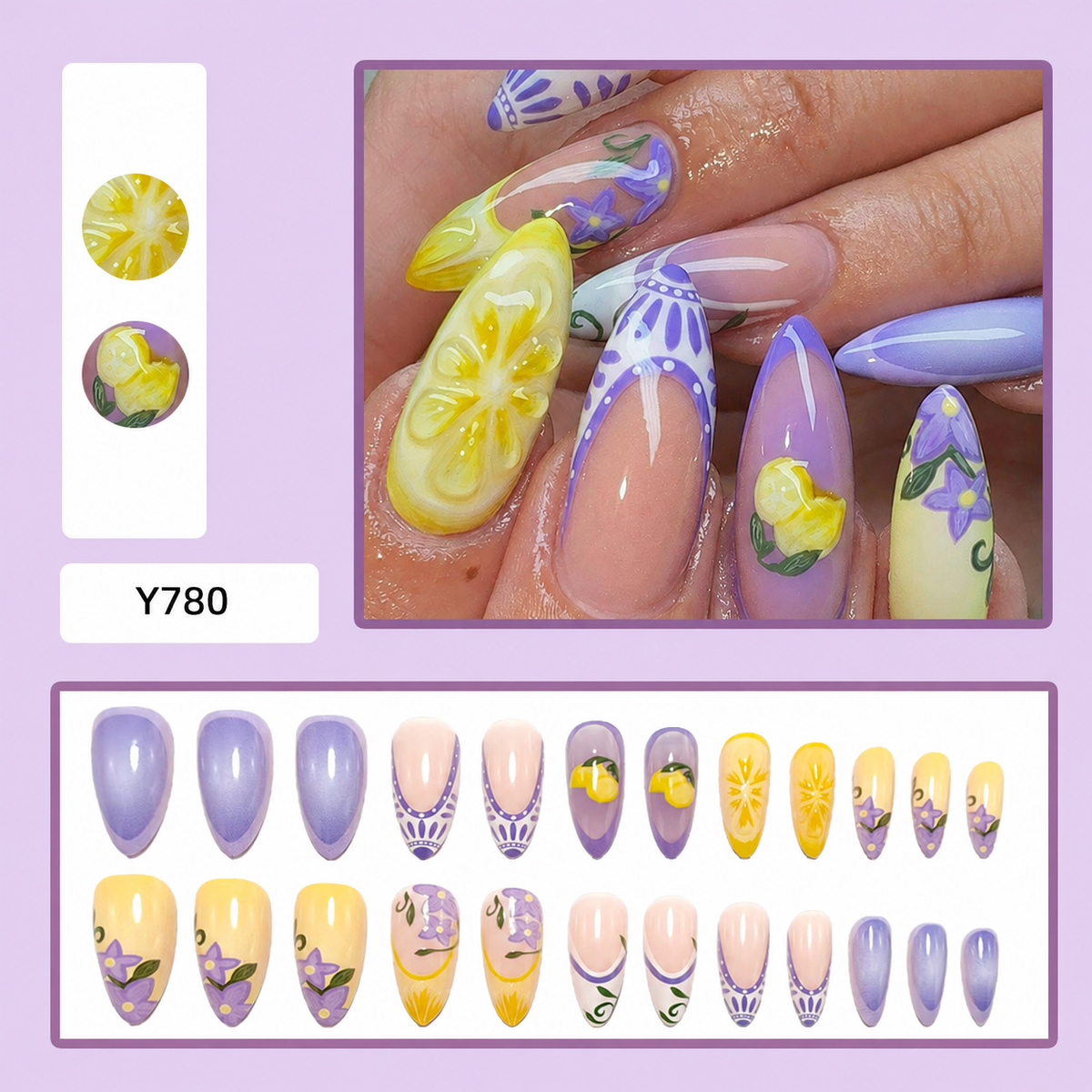 Lemon & Lilac Florals press-on nail design, style Y780