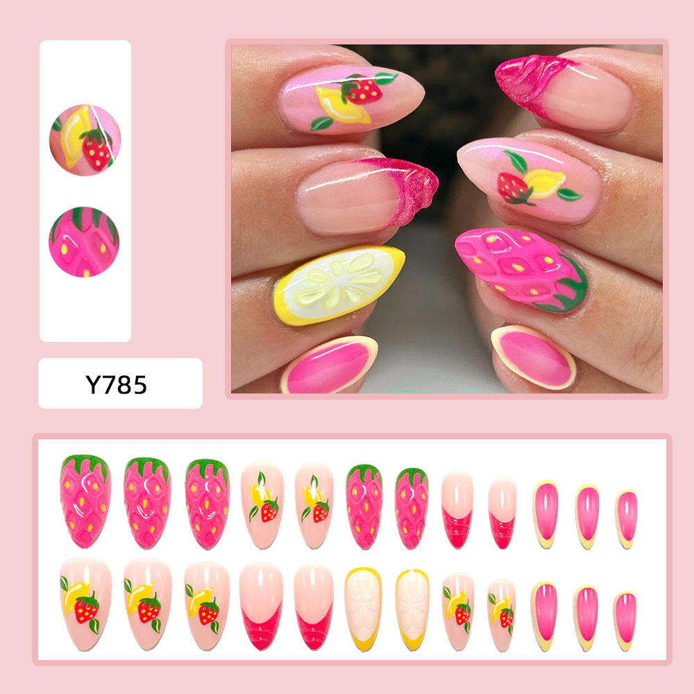 Pink Strawberry & Lemon press-on nail design, style Y785