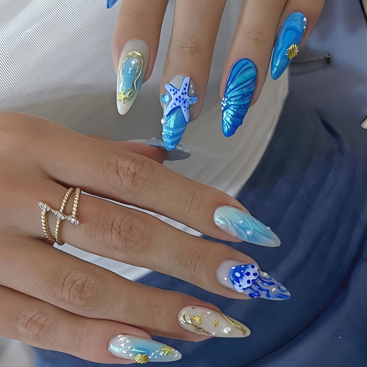 Blue Ocean & Starfish press-on nail design, style Z036