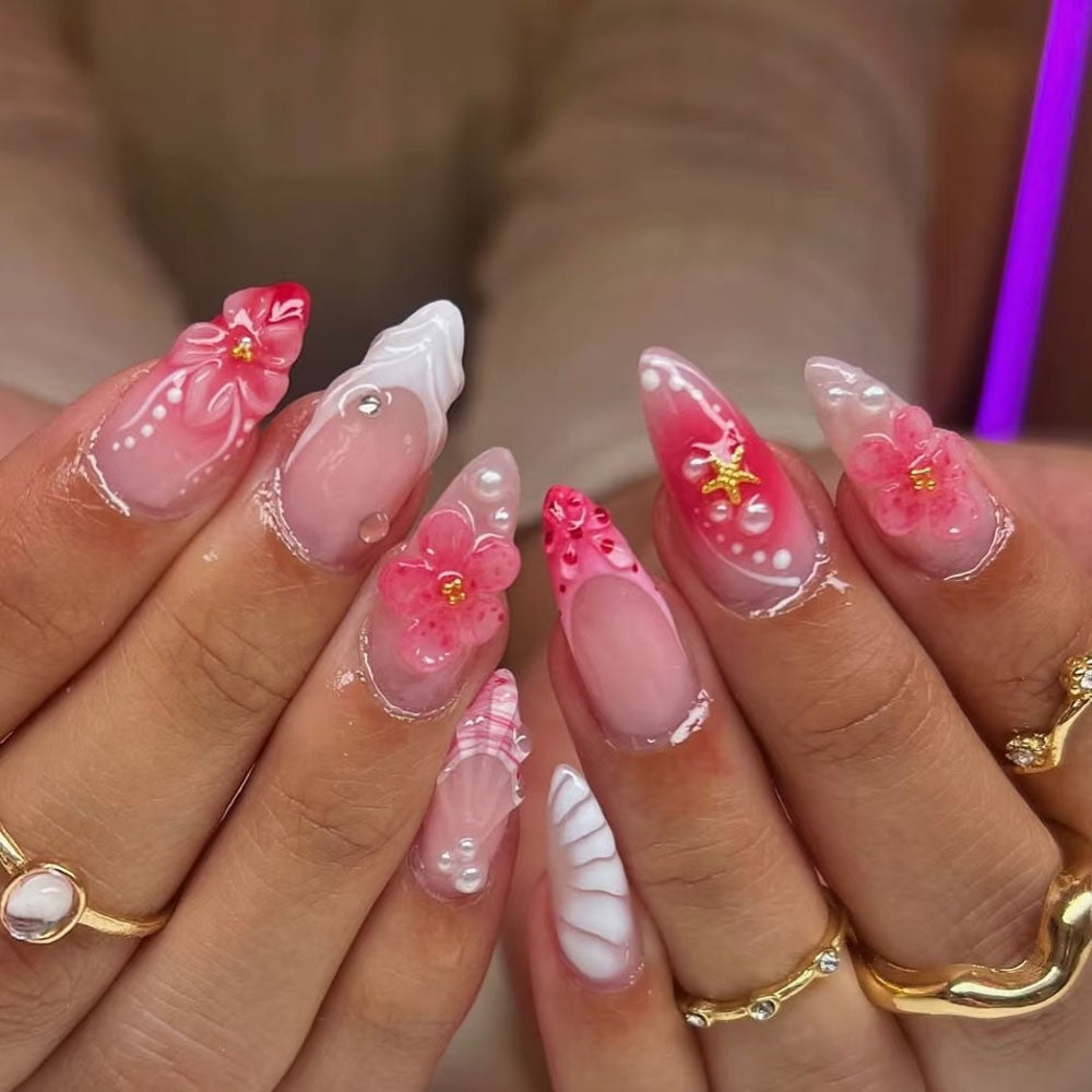Pink Flowers & Shell Waves press-on nail design, style Z037