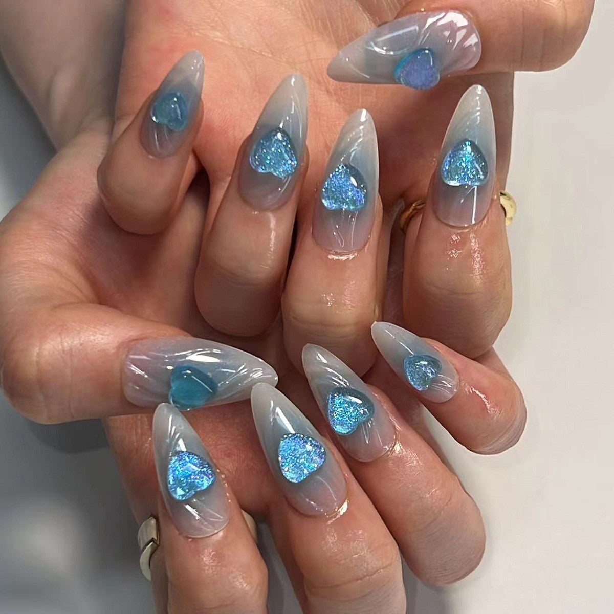 Blue Hearts & Gray Waves press-on nail design, style Z052
