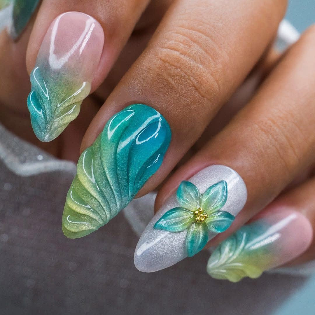 Turquoise & Lime Sculpted Petals press-on nail design, style Z112