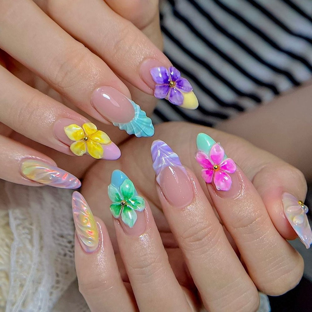Pastel Flower French Tips press-on nail design, style Z114