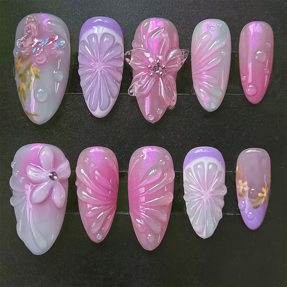 Pink Lilac Iridescent Florals press-on nail design, style Z116