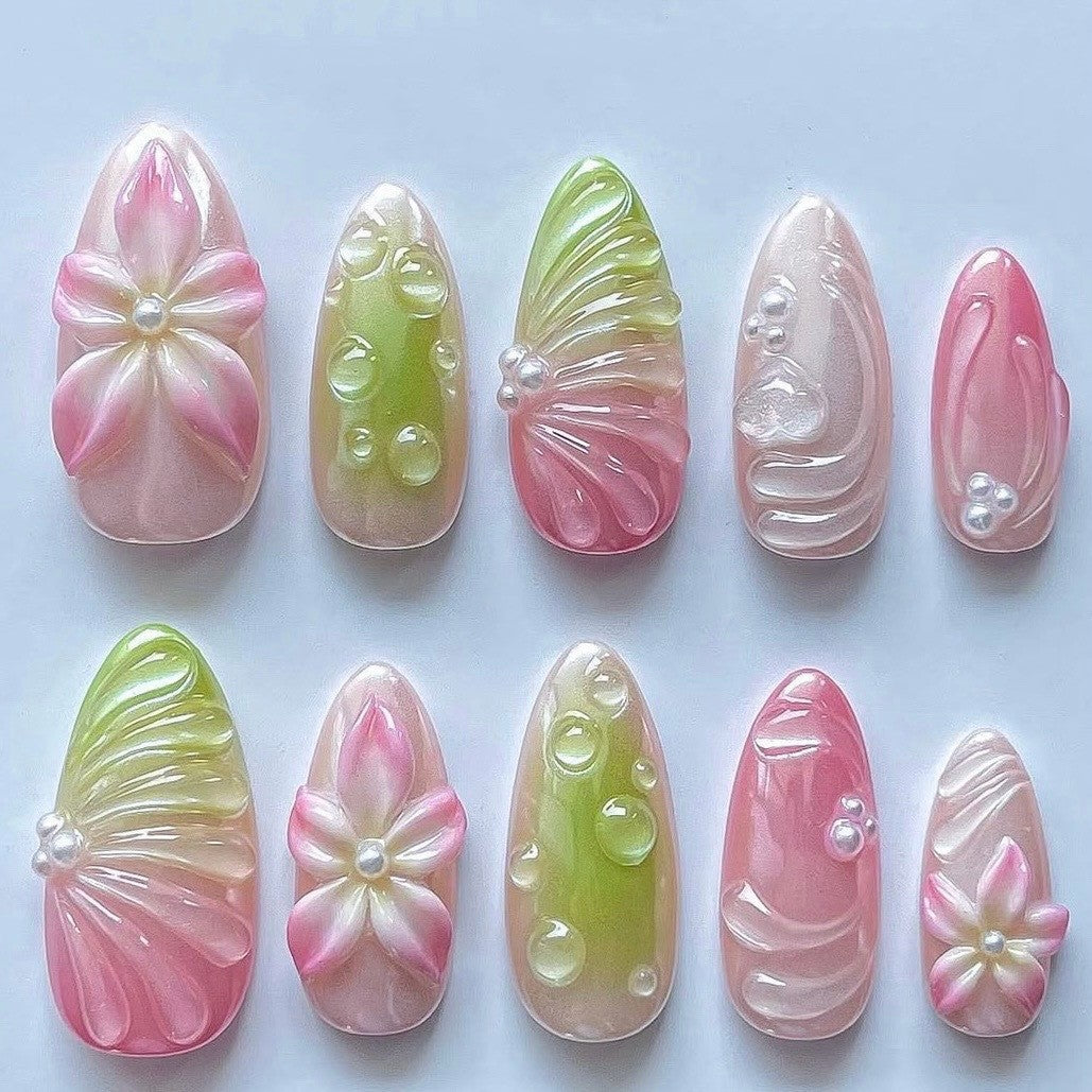 Pink Lime Petals & Bubbles press-on nail design, style Z117