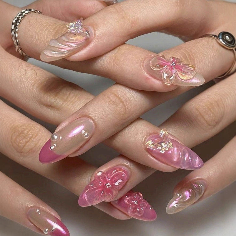 Pink Clear Flowers & Waves press-on nail design, style Z192