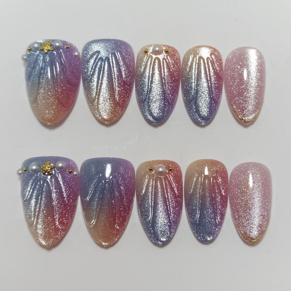 Multicolor Shimmer Shells press-on nail design, style Z195