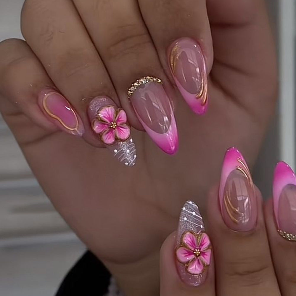Pink Flower & Gold-Look French press-on nail design, style Z341