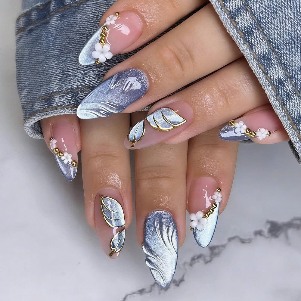 Silver-Blue Petals & White Flowers press-on nail design, style Z344