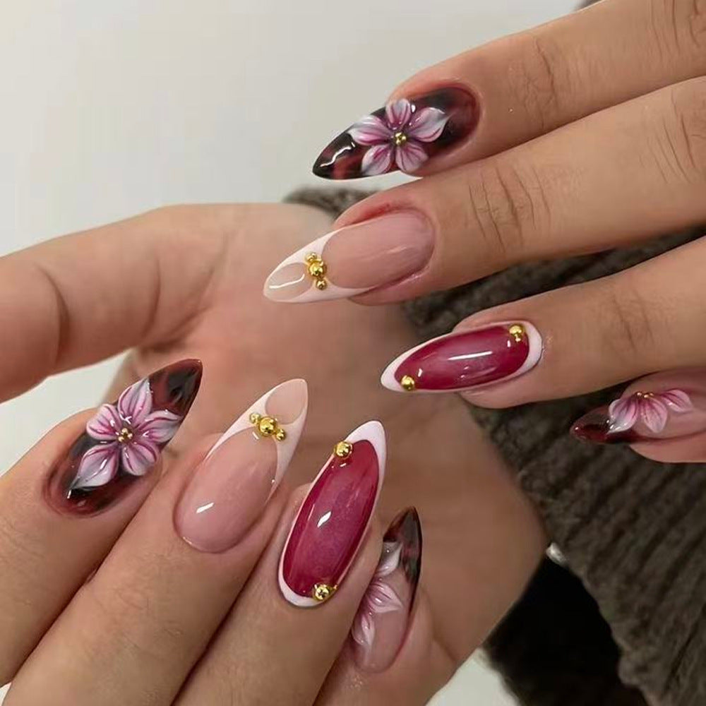 Burgundy Florals & White French press-on nail design, style Z346