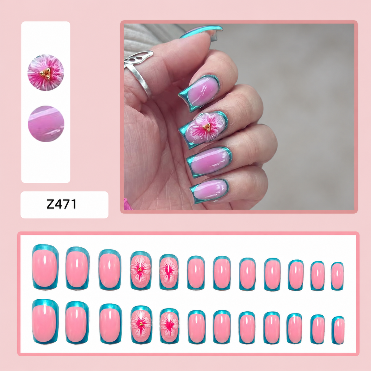 Pink Turquoise Flower French press-on nail design, style Z471