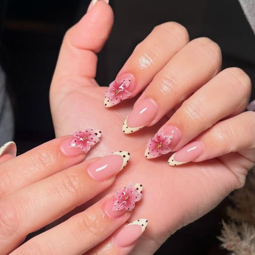 Pink Flowers & Dotted French press-on nail design, style Z472