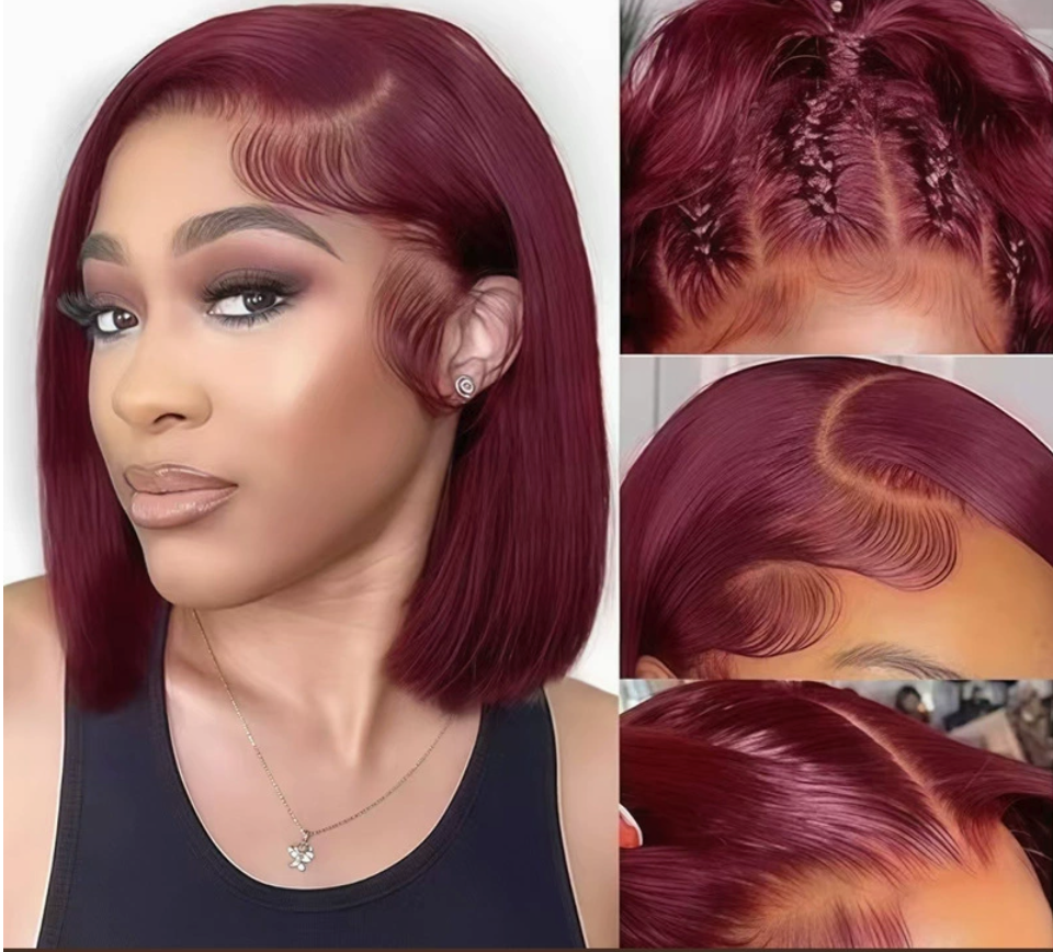 Supplier styling reference showing a 99J burgundy bob and close-up parting views