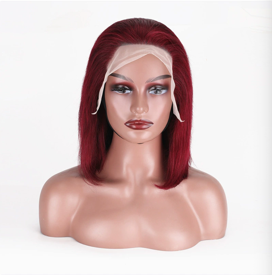 Front view of a 99J burgundy human hair bob wig with uncut lace on a mannequin