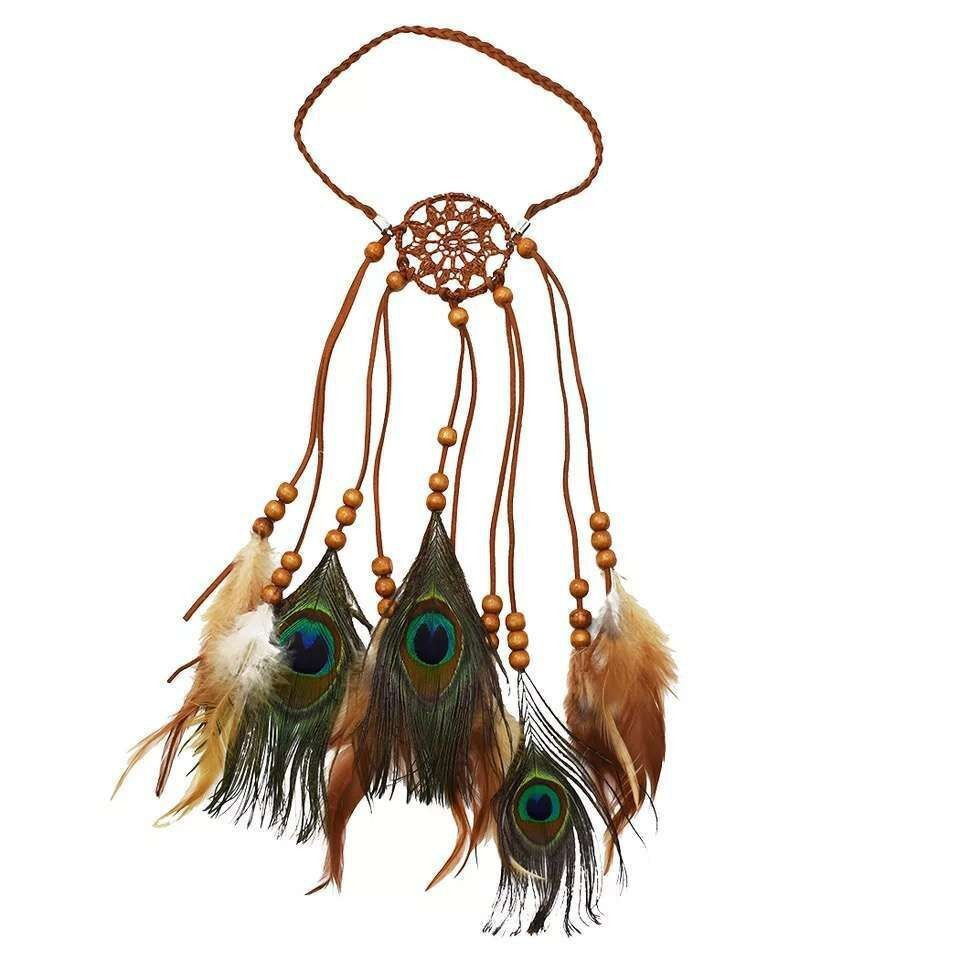 Full view of a brown woven-circle headband with bead accents and feather tassels on a white background