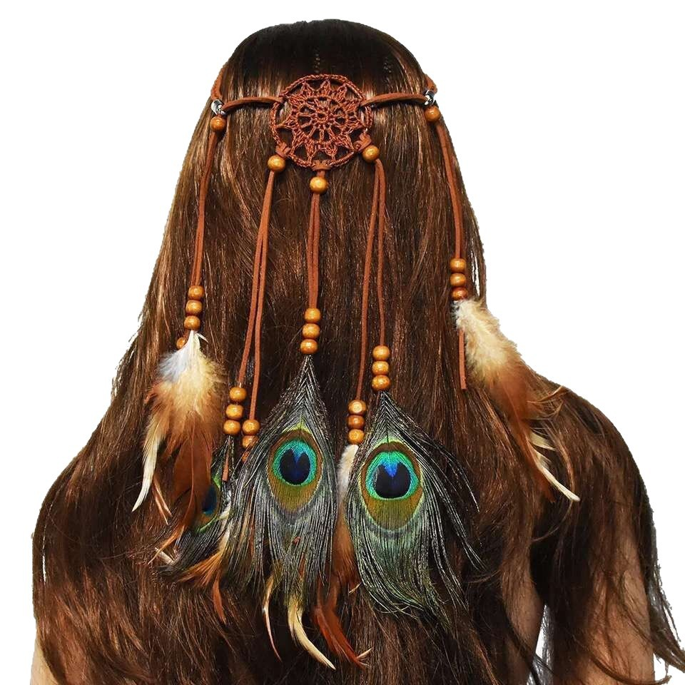 Rear styling view of the brown woven-circle feather headband on a display wig