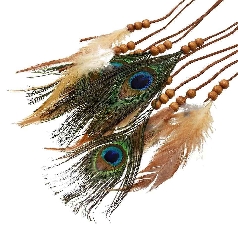 Brown cord and bead details with cream feathers and blue-green peacock-style eye patterns
