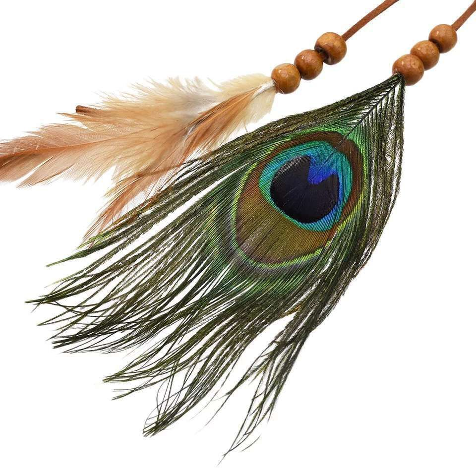 Close-up of a feather tassel with a blue-green peacock-style eye pattern and brown bead accents