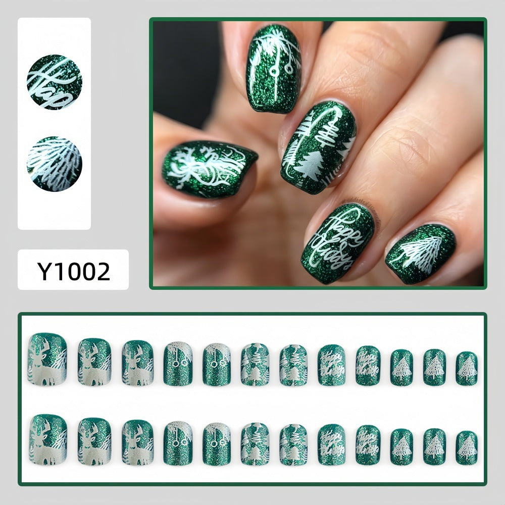 Emerald Snowflakes Christmas press-on nail design, style Y1002, 24-piece set