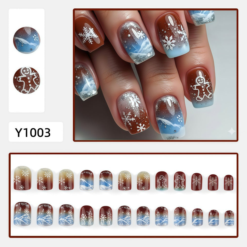 Blue Winter & Gingerbread Christmas press-on nail design, style Y1003, 24-piece set