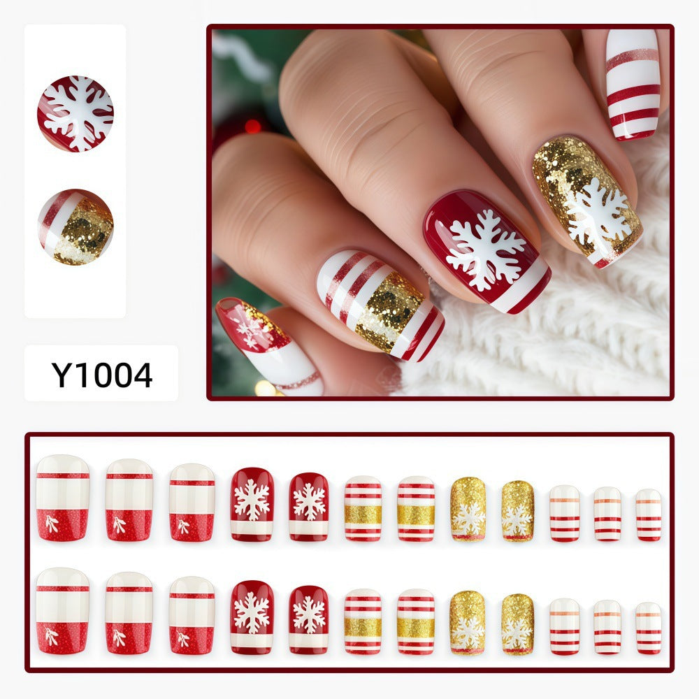 Red & Gold-Look Christmas Christmas press-on nail design, style Y1004, 24-piece set