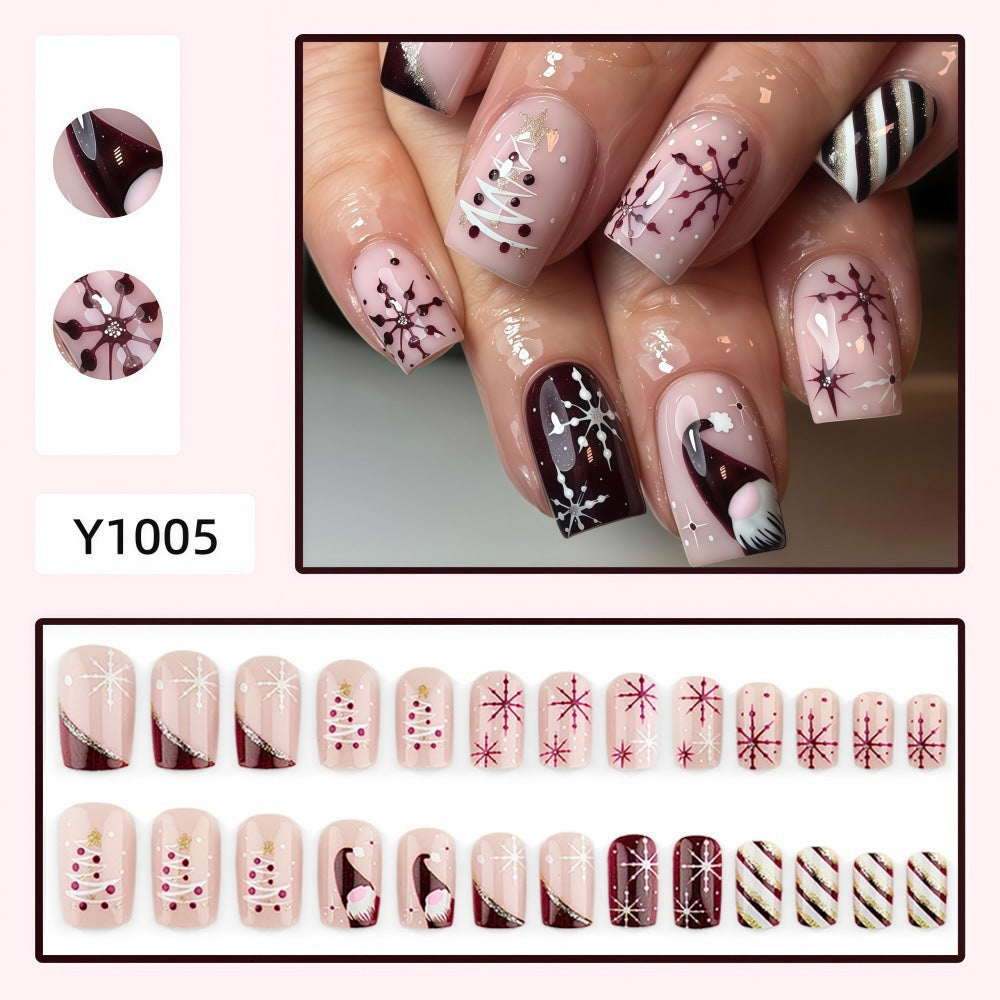 Blush Snowflakes & Stripes Christmas press-on nail design, style Y1005, 24-piece set