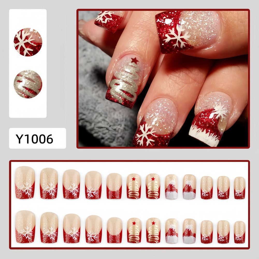 Red Glitter Snowfall Christmas press-on nail design, style Y1006, 24-piece set