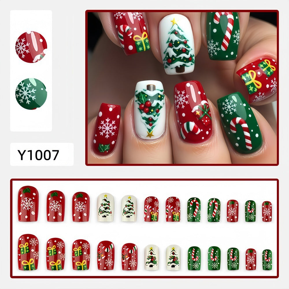 Christmas Trees & Candy Canes Christmas press-on nail design, style Y1007, 24-piece set