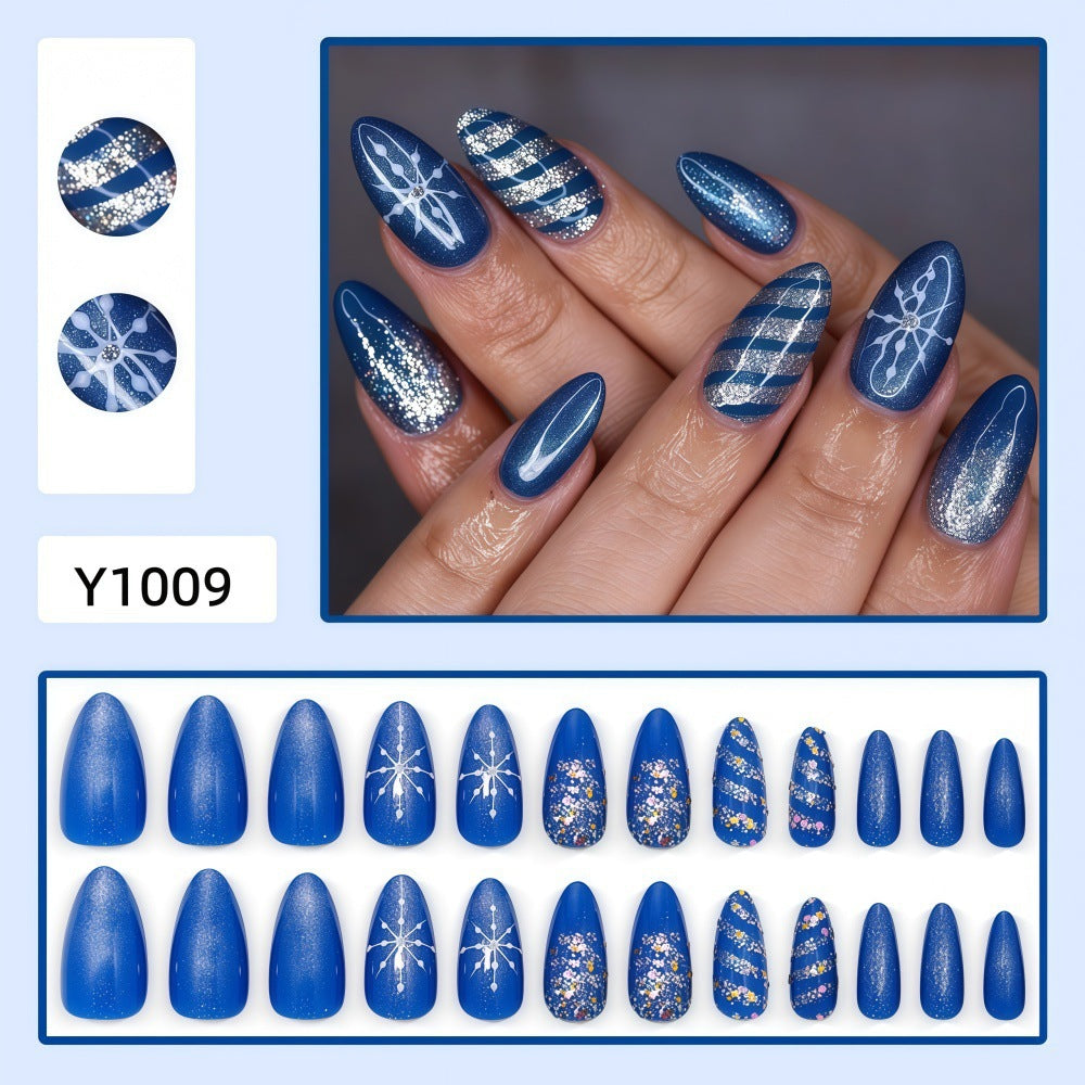 Midnight Blue Plaid Christmas press-on nail design, style Y1009, 24-piece set