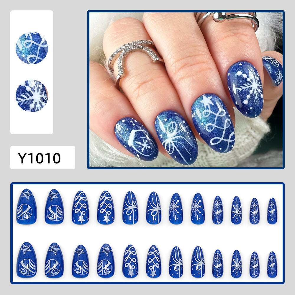 Royal Blue Snowflakes Christmas press-on nail design, style Y1010, 24-piece set