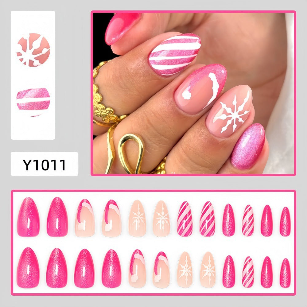 Pink Candy Stripes Christmas press-on nail design, style Y1011, 24-piece set