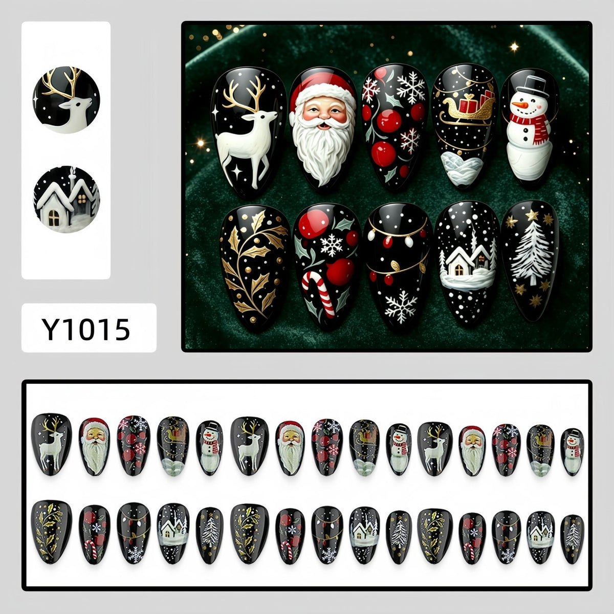 Santa & Winter Icons Christmas press-on nail design, style Y1015, 30-piece set