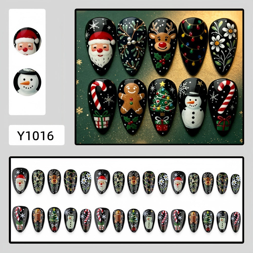Santa, Snowman & Gingerbread Christmas press-on nail design, style Y1016, 30-piece set