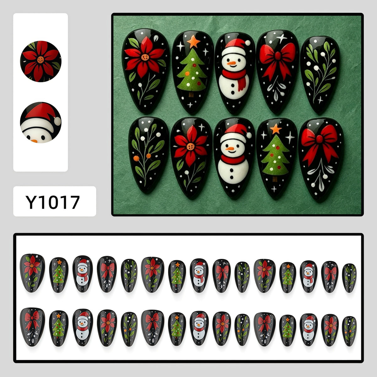 Christmas Trees & Poinsettias Christmas press-on nail design, style Y1017, 30-piece set