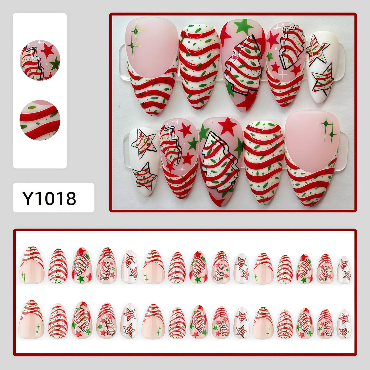 Red Candy-Cane Waves Christmas press-on nail design, style Y1018, 30-piece set