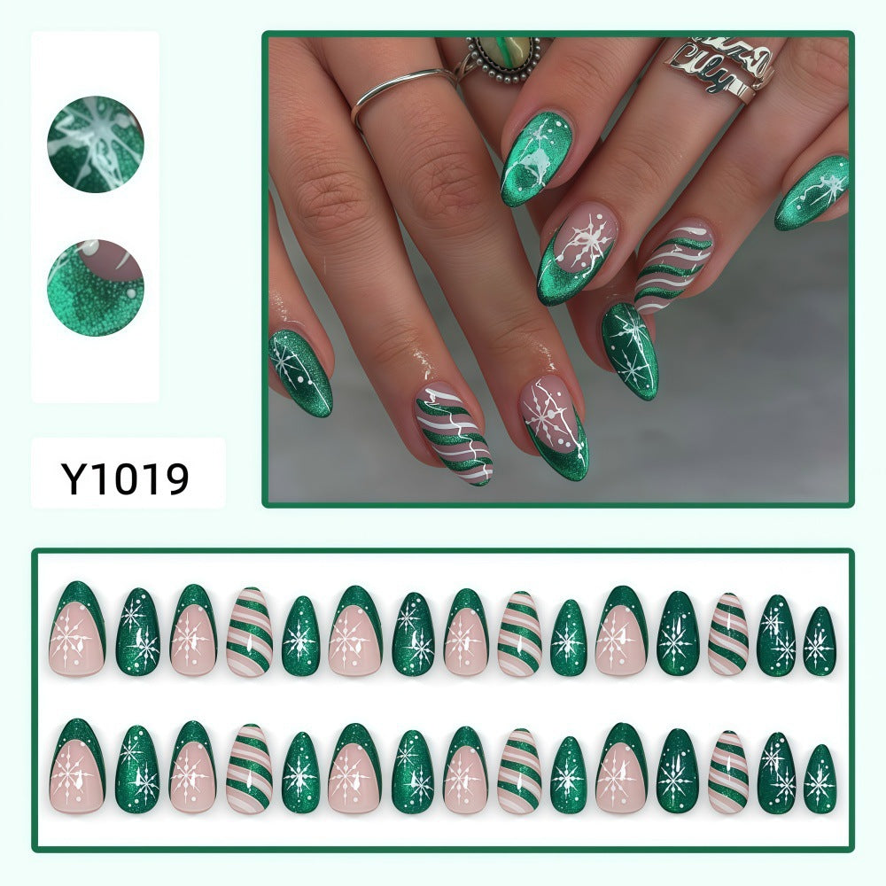 Emerald Stripes & Snowflakes Christmas press-on nail design, style Y1019, 30-piece set