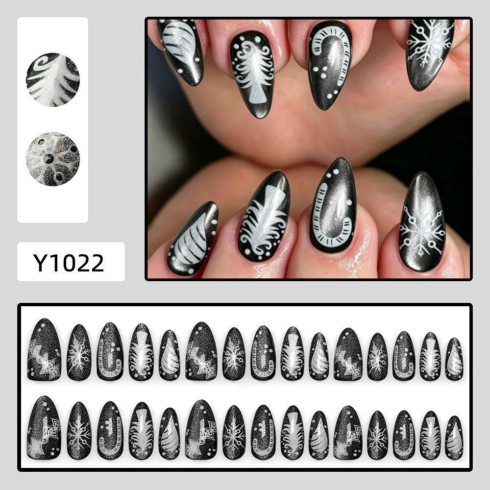Black & White Winter Patterns Christmas press-on nail design, style Y1022, 30-piece set