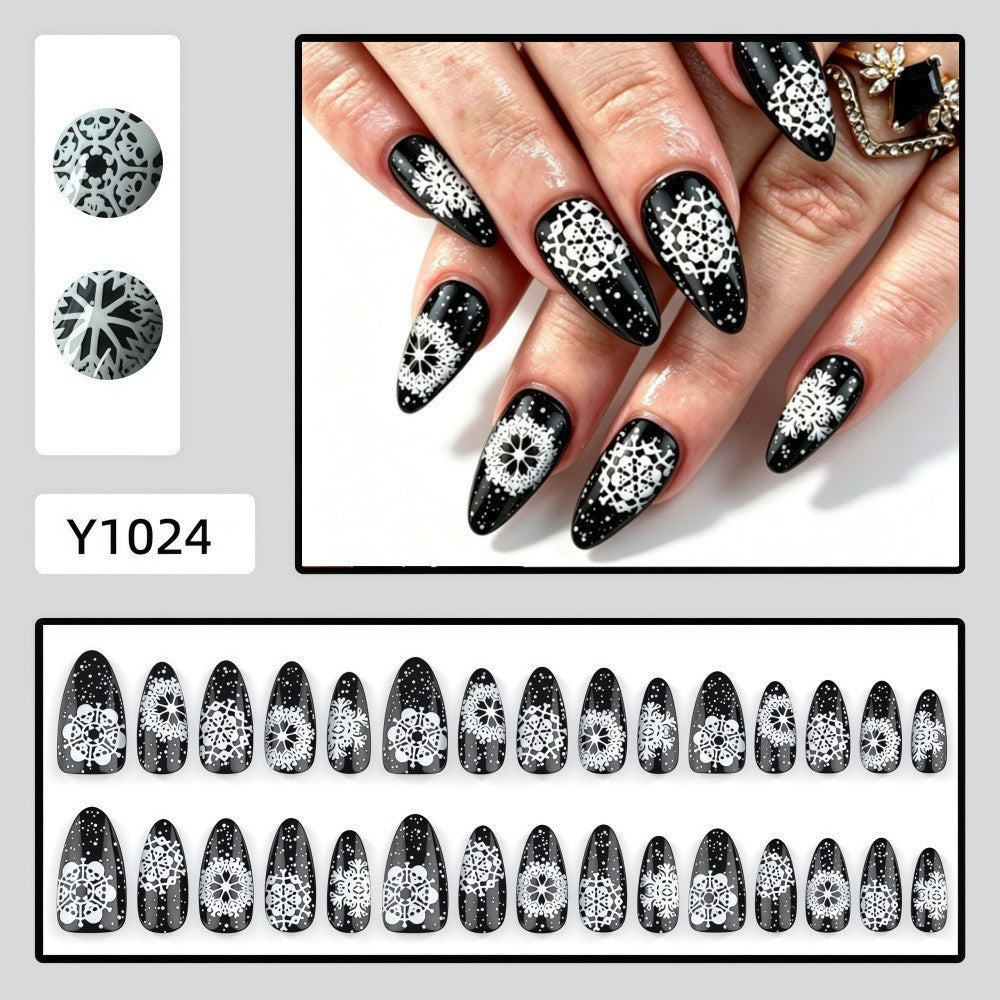 Black & White Snowfall Christmas press-on nail design, style Y1024, 30-piece set