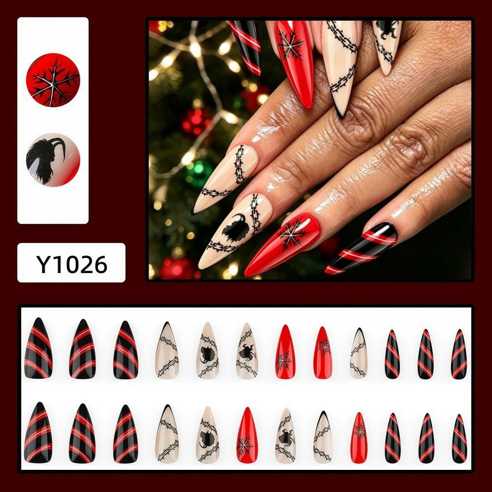 Red, Black & Nude Ribbon Lines Christmas press-on nail design, style Y1026, 24-piece set